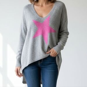 Stella Neptune Cashmere Hi-Lo Sweater Gray w/ Hot Pink Star Size L
